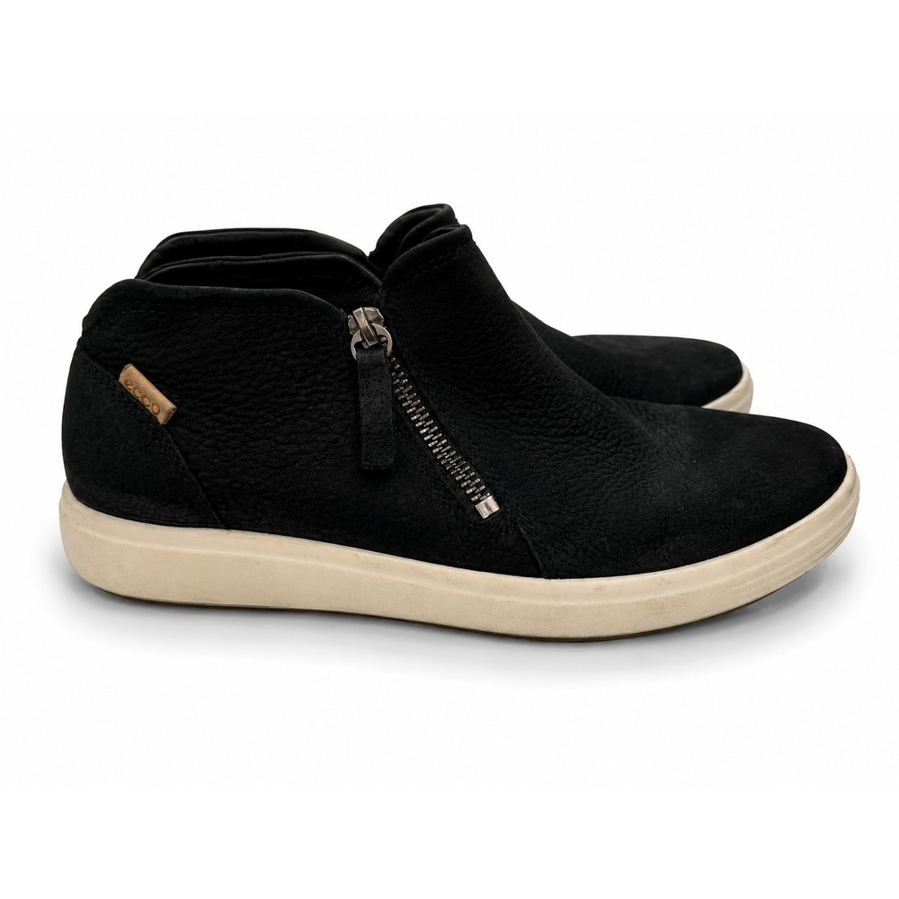 Ecco Shoes 37 Womens 6. Soft Ankle Boots Sneakers Black Nubuck Zip Up Casual - Picture 3 of 6